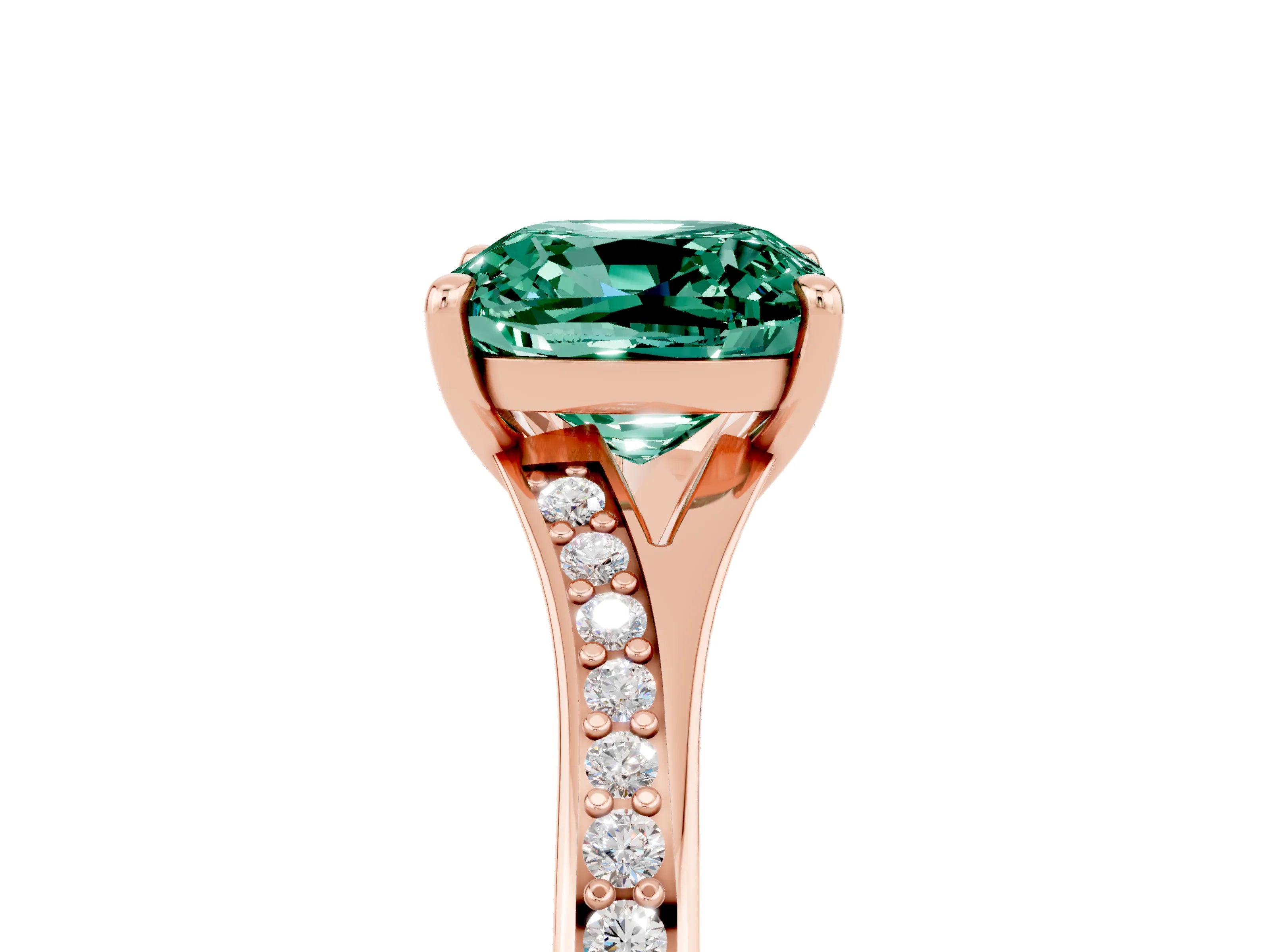 Rose gold Cushion Cut Green Sapphire Solitaire Ring with Pavé Band and Prong Setting_5