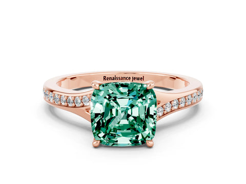 Rose gold Cushion Cut Green Sapphire Solitaire Ring with Pavé Band and Prong Setting