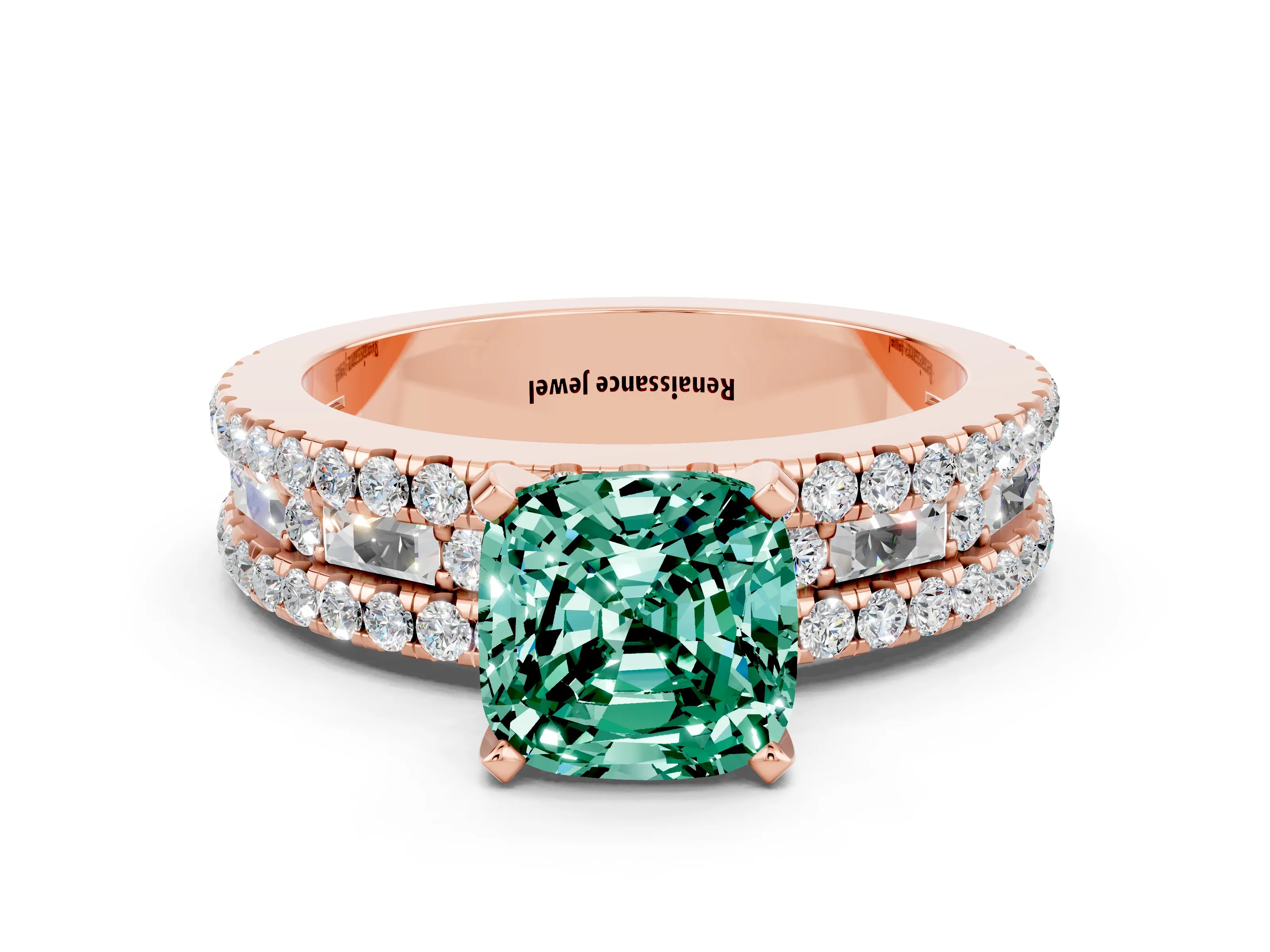 Rose gold Cushion Cut Green Sapphire Solitaire Ring with Pavé and Channel Set Band