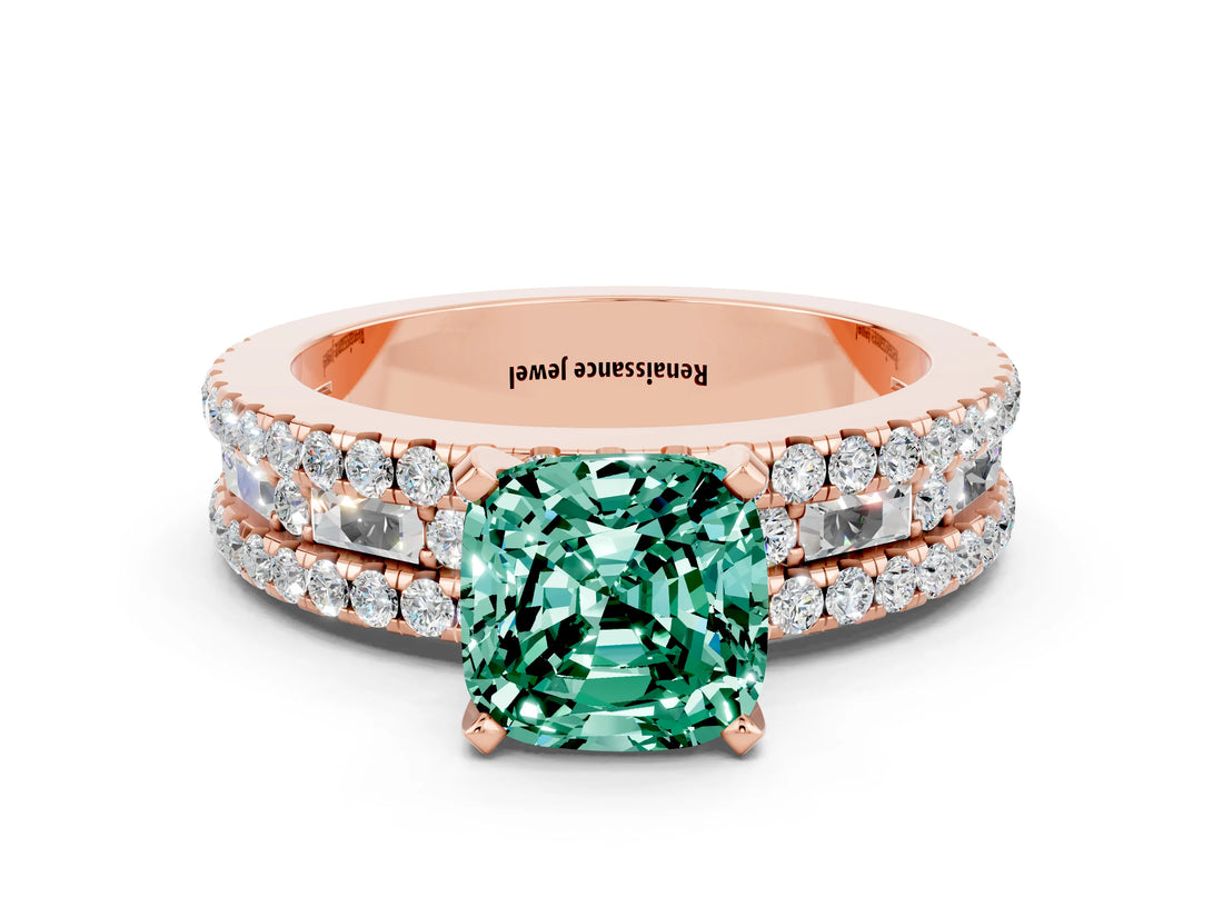 Rose gold Cushion Cut Green Sapphire Solitaire Ring with Pavé and Channel Set Band
