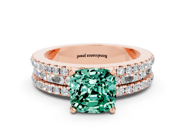 Rose gold Cushion Cut Green Sapphire Solitaire Ring with Pavé and Channel Set Band