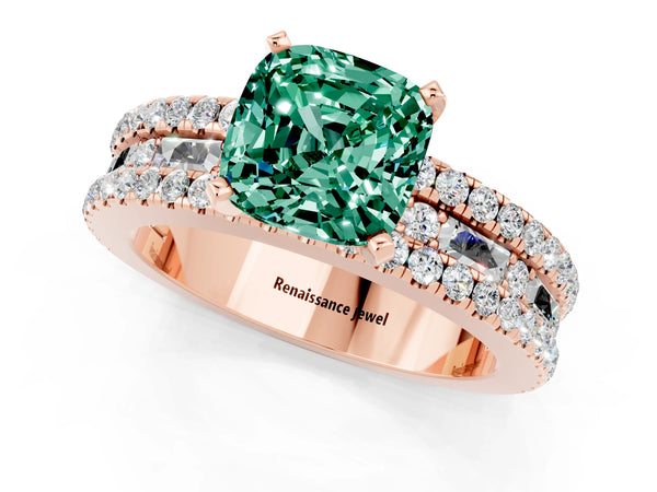 Rose gold Cushion Cut Green Sapphire Solitaire Ring with Pavé and Channel Set Band