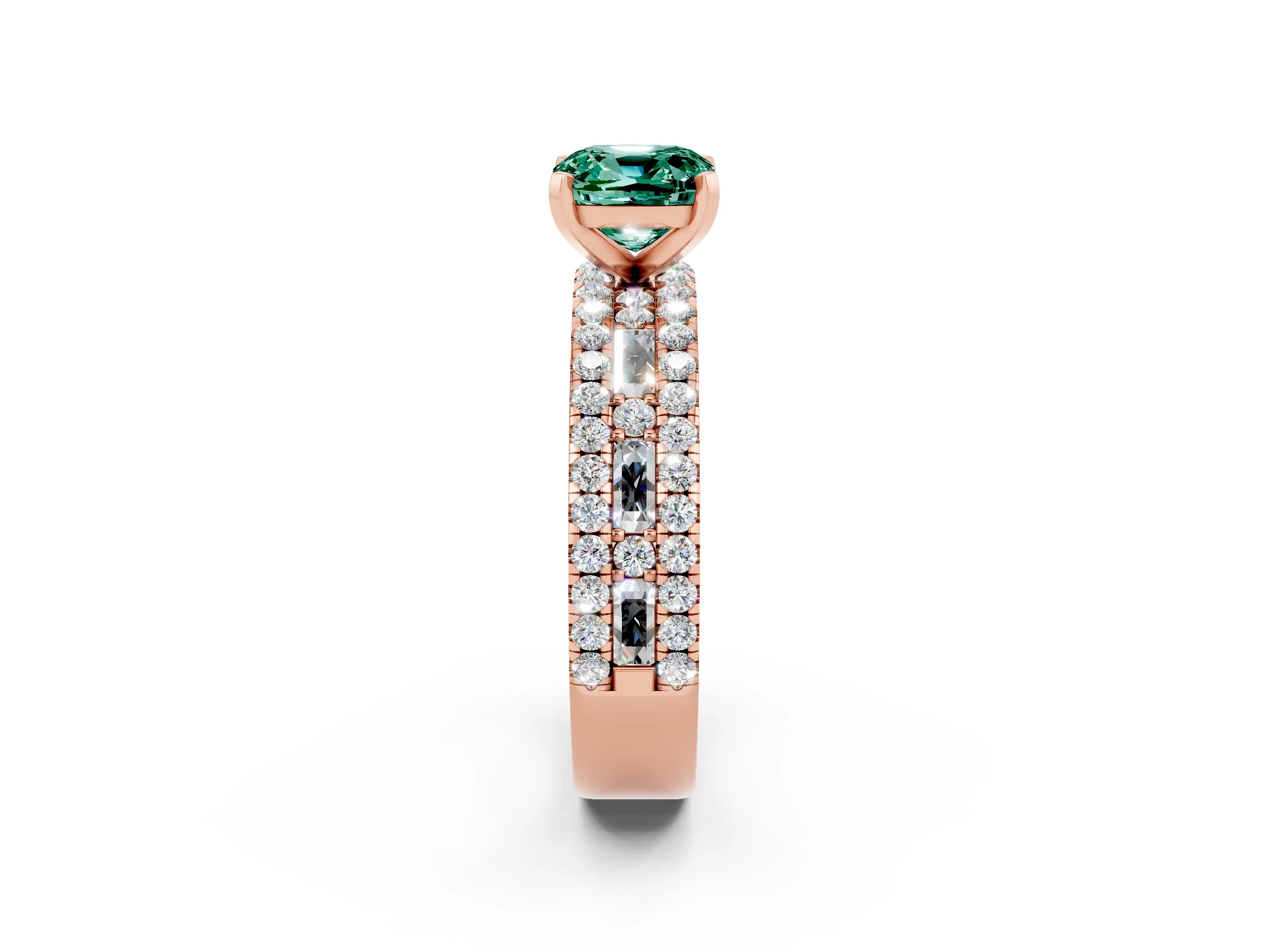 Rose gold Cushion Cut Green Sapphire Solitaire Ring with Pavé and Channel Set Band_2
