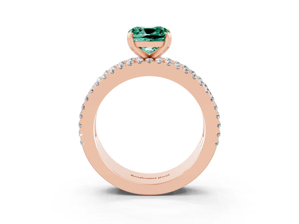 Rose gold Cushion Cut Green Sapphire Solitaire Ring with Pavé and Channel Set Band
