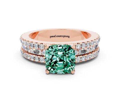 Rose gold Cushion Cut Green Sapphire Solitaire Ring with Pavé and Channel Set Band