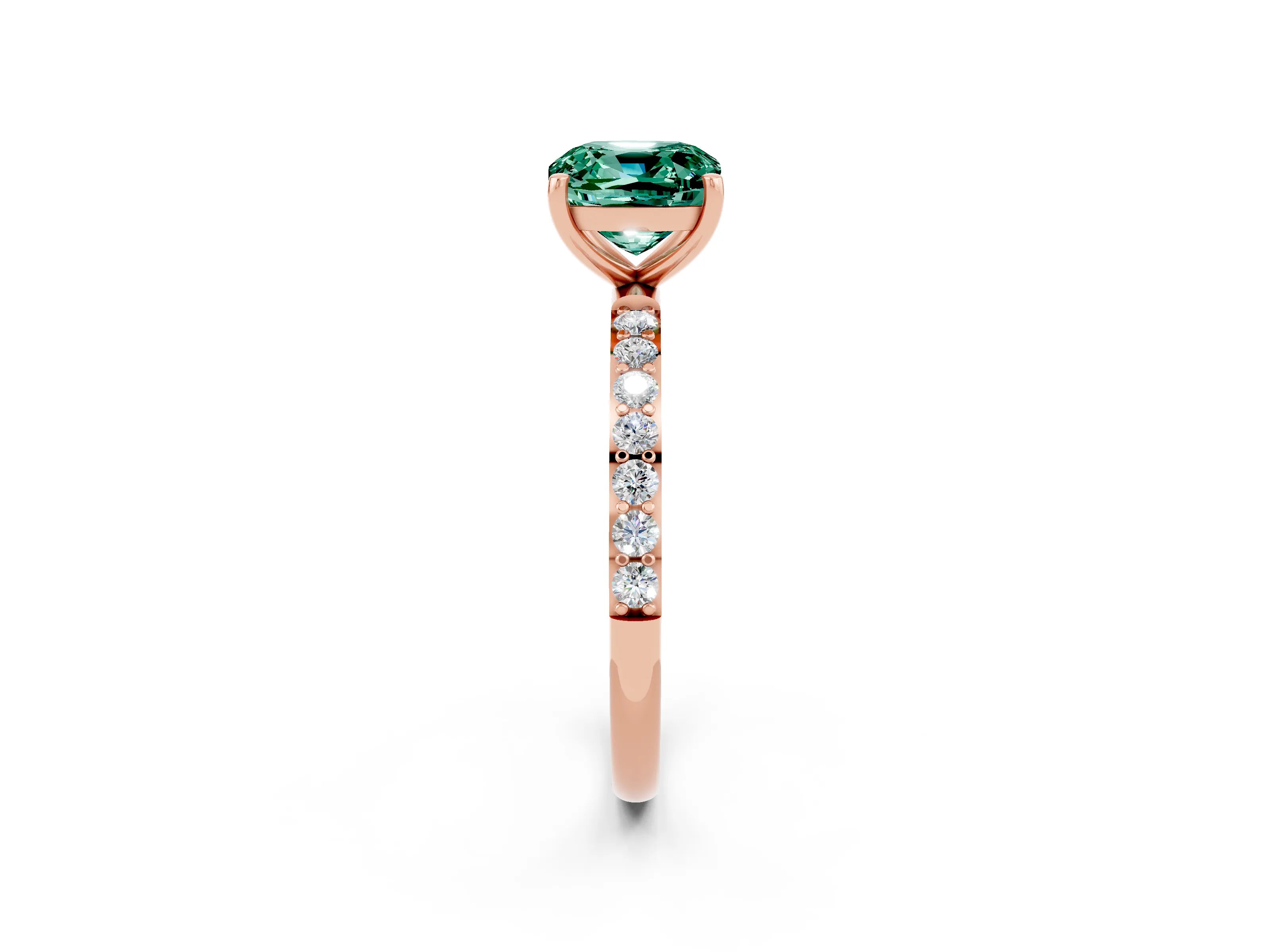 Rose gold Cushion Cut Green Sapphire Solitaire Ring with Pave Band and Four Prong Setting_14