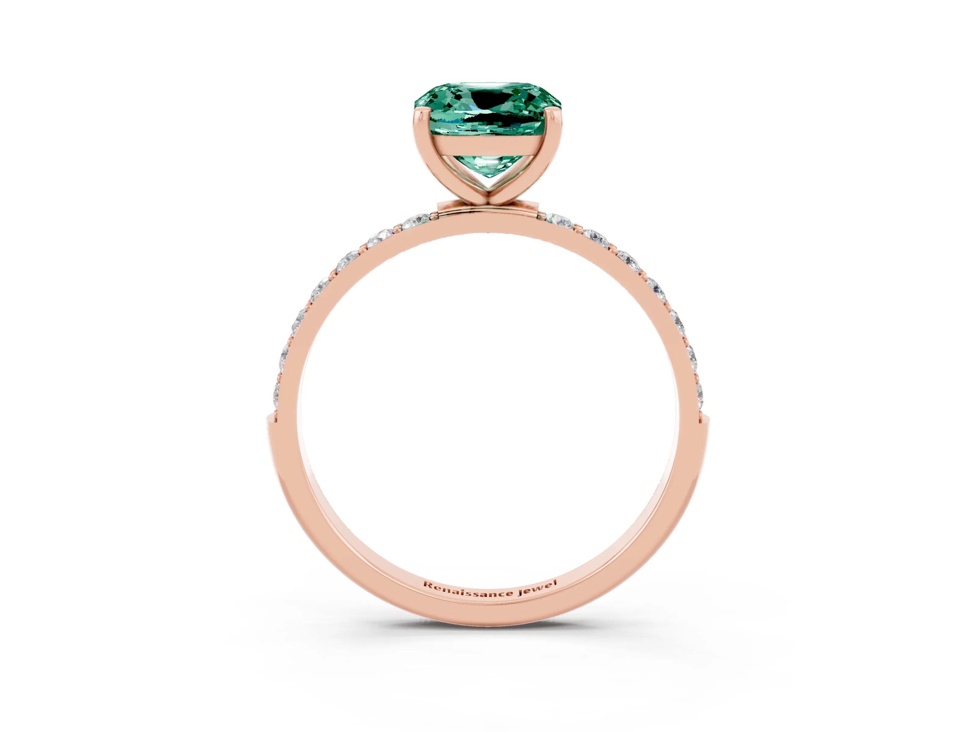 Rose gold Cushion Cut Green Sapphire Solitaire Ring with Pave Band and Four Prong Setting_15