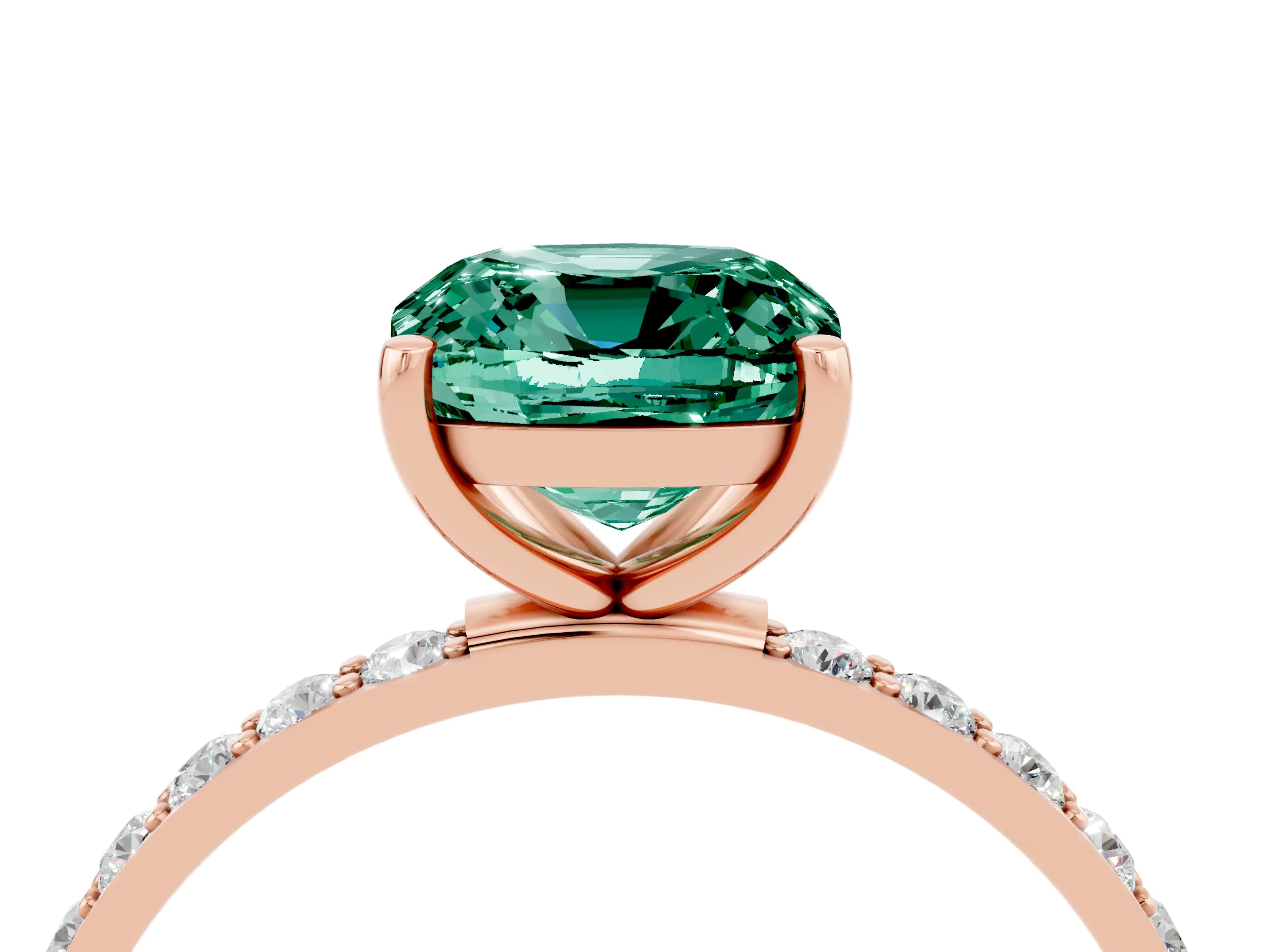 Rose gold Cushion Cut Green Sapphire Solitaire Ring with Pave Band and Four Prong Setting_16