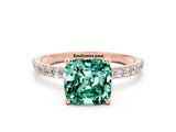 Rose gold Cushion Cut Green Sapphire Solitaire Ring with Pave Band and Four Prong Setting_24