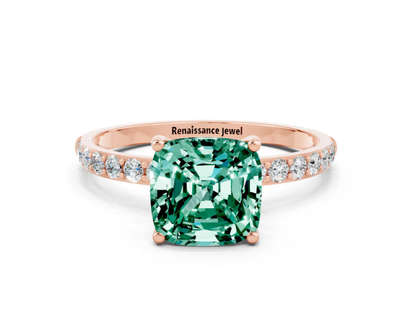 Rose gold Cushion Cut Green Sapphire Solitaire Ring with Round  Pavé Band and Prong Setting