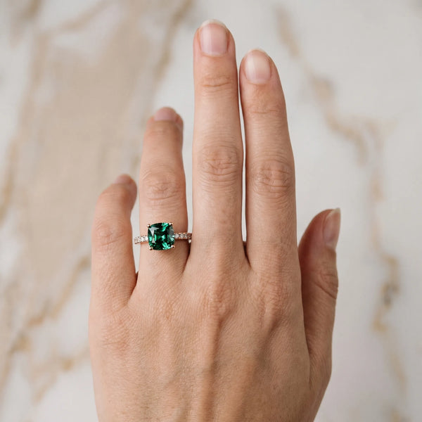 Rose gold Cushion Cut Green Sapphire Solitaire Ring with Round  Pavé Band and Four-Prong Setting