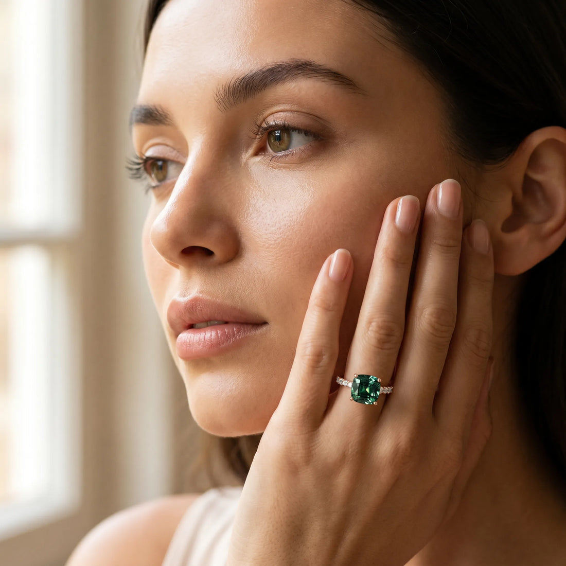 Rose gold Cushion Cut Green Sapphire Solitaire Ring with Round  Pavé Band and Four-Prong Setting_43