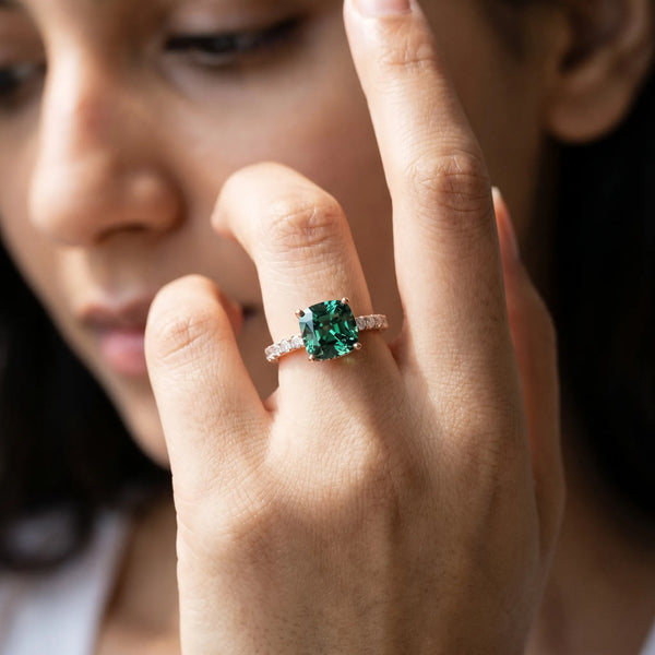 Rose gold Cushion Cut Green Sapphire Solitaire Ring with Round  Pavé Band and Four-Prong Setting