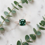 Rose gold Cushion Cut Green Sapphire Solitaire Ring with Round  Pavé Band and Four-Prong Setting_45