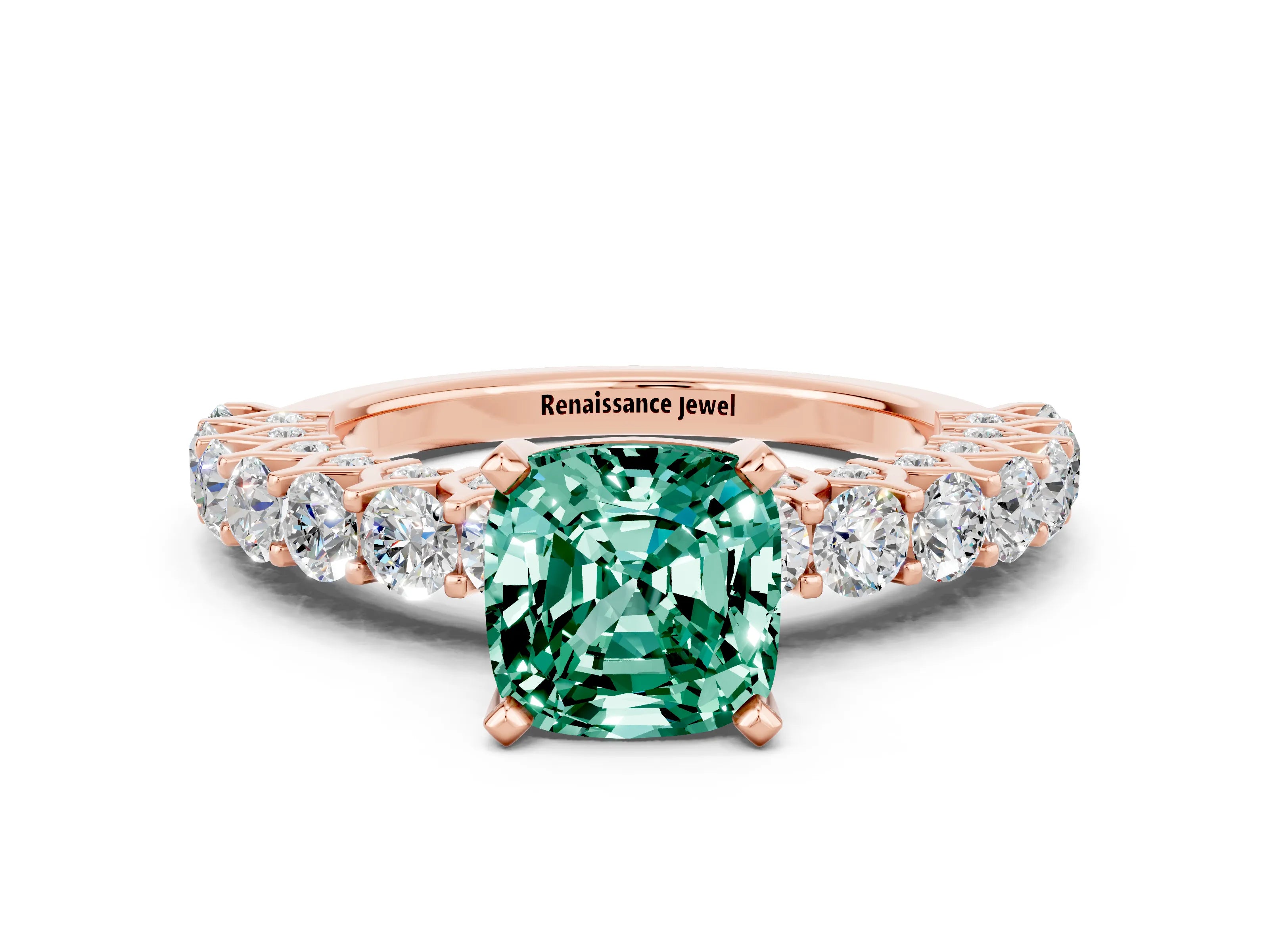 Rose gold Cushion Cut Green Sapphire Solitaire Ring with Shared Prong Pavé Band and Four-Prong Setting