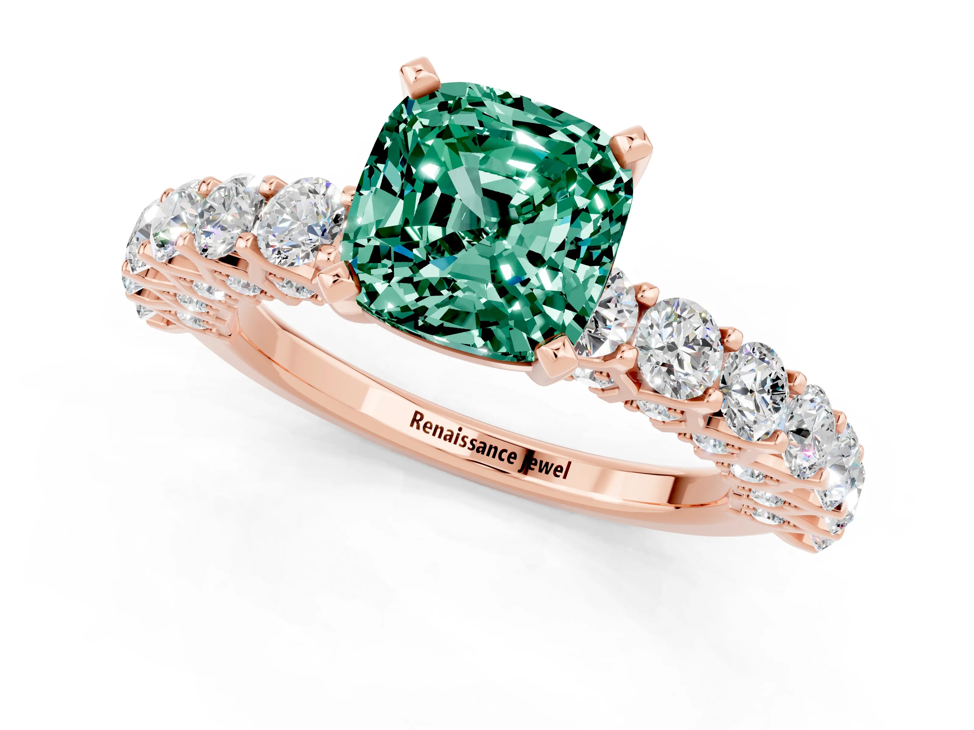 Rose gold Cushion Cut Green Sapphire Solitaire Ring with Shared Prong Pavé Band and Four-Prong Setting_1