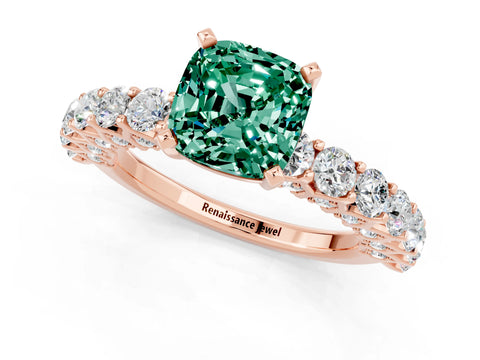 Rose gold Cushion Cut Green Sapphire Solitaire Ring with Shared Prong Pavé Band and Four-Prong Setting_1