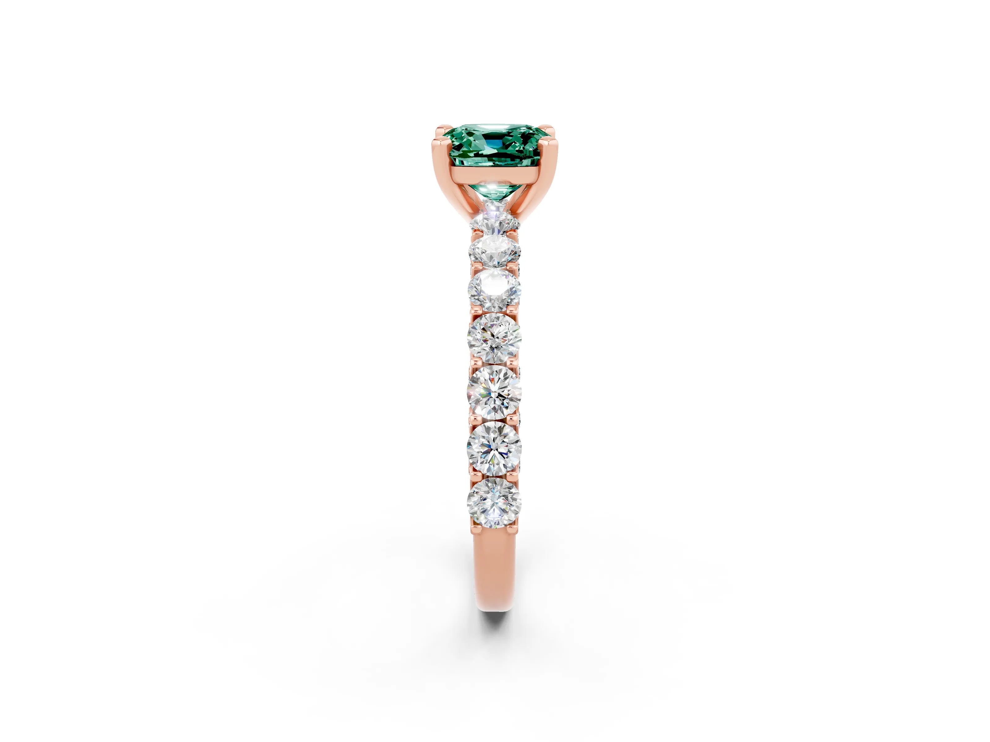 Rose gold Cushion Cut Green Sapphire Solitaire Ring with Shared Prong Pavé Band and Four-Prong Setting_2