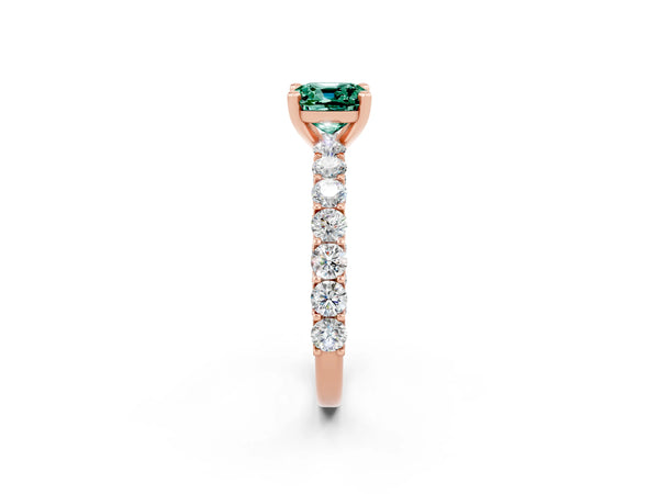 Rose gold Cushion Cut Green Sapphire Solitaire Ring with Shared Prong Pavé Band and Four-Prong Setting