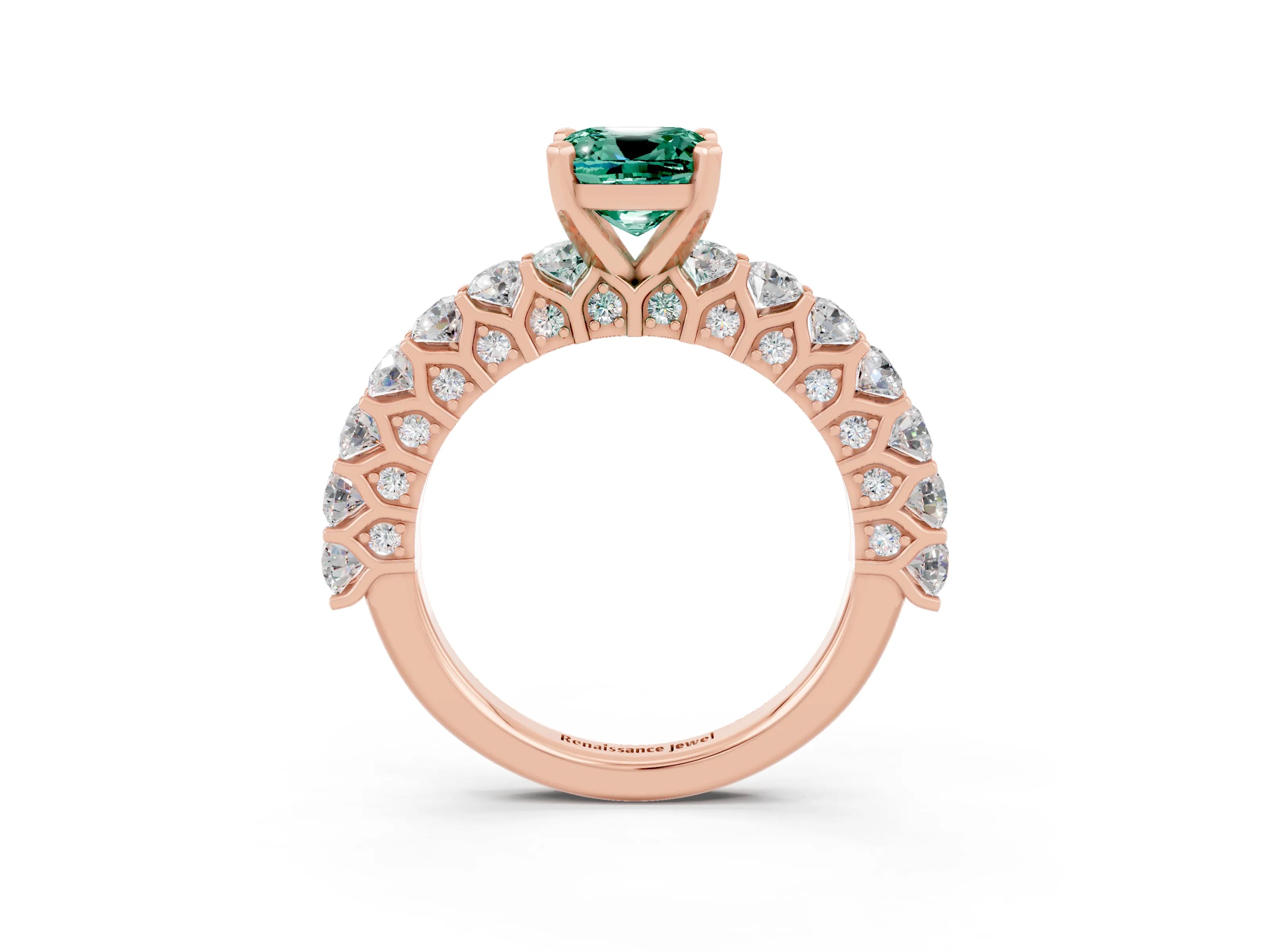 Rose gold Cushion Cut Green Sapphire Solitaire Ring with Shared Prong Pavé Band and Four-Prong Setting_3