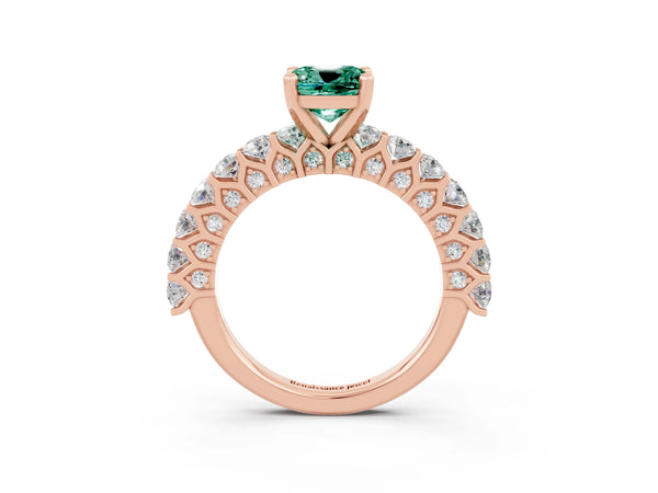 Rose gold Cushion Cut Green Sapphire Solitaire Ring with Shared Prong Pavé Band and Four-Prong Setting