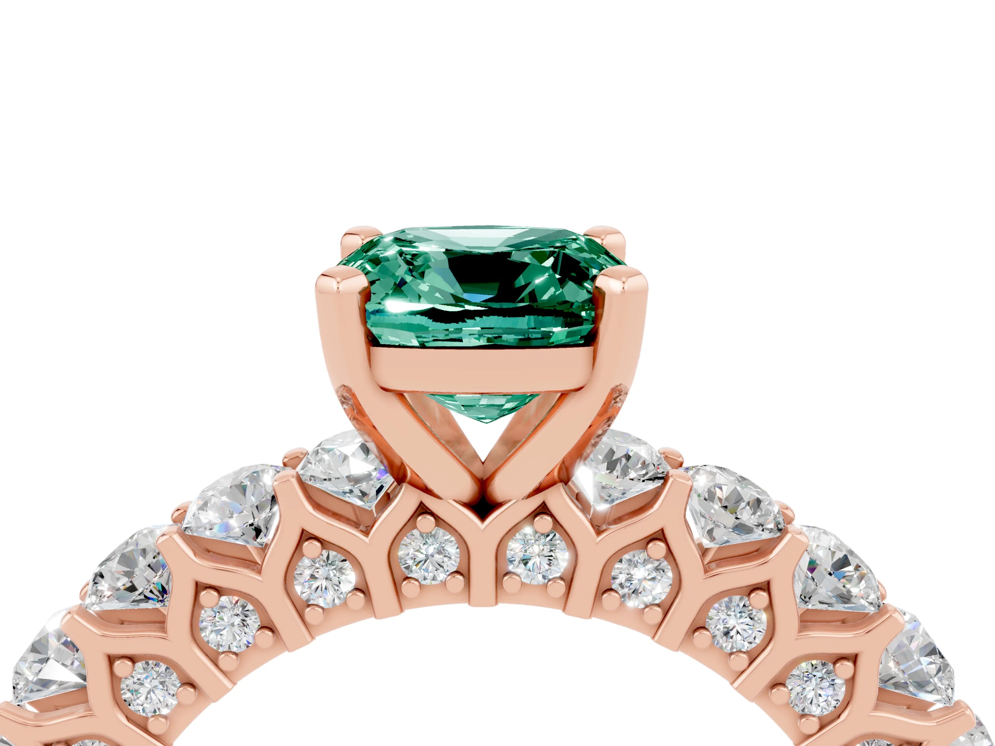 Rose gold Cushion Cut Green Sapphire Solitaire Ring with Shared Prong Pavé Band and Four-Prong Setting_4