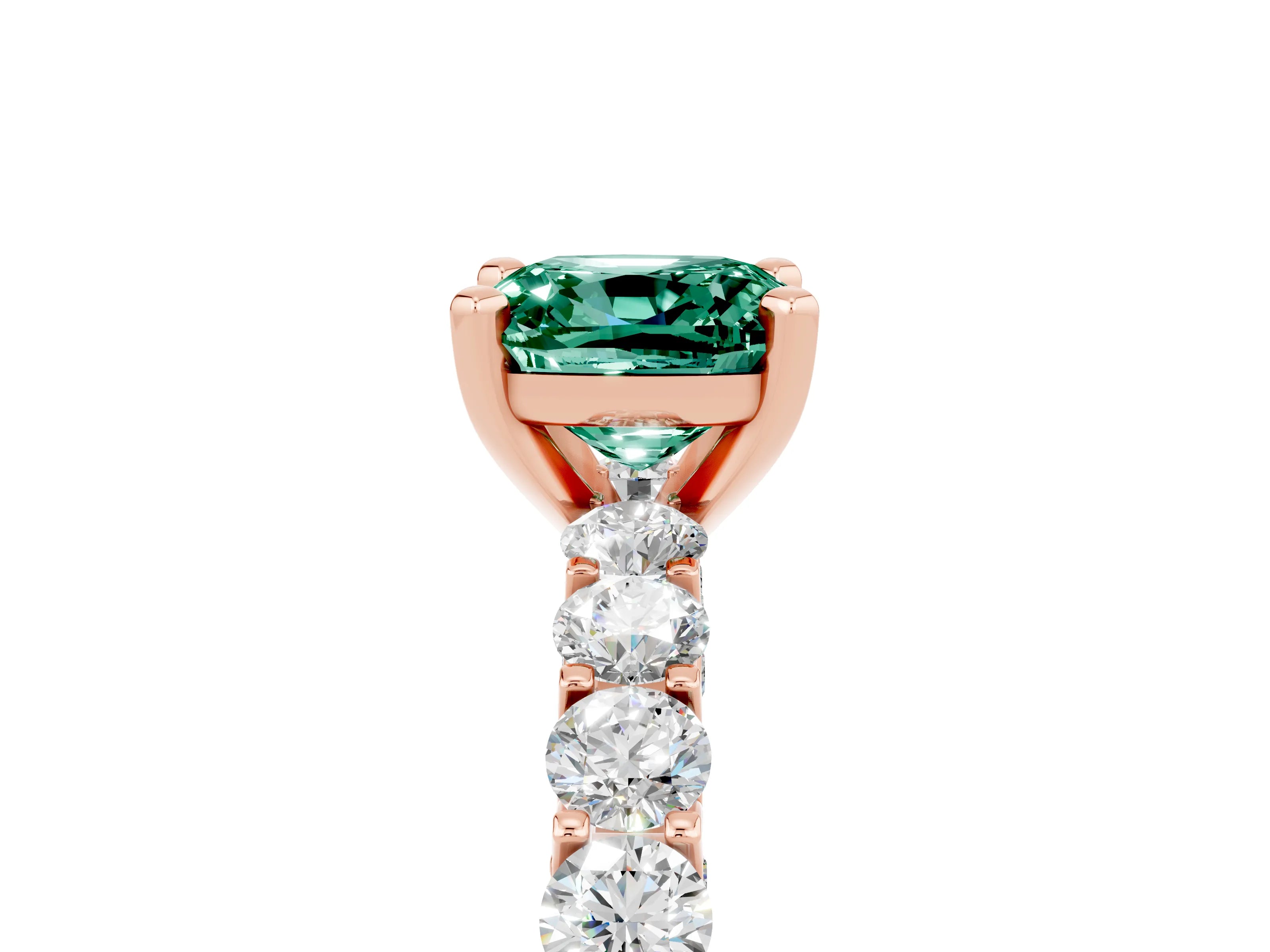 Rose gold Cushion Cut Green Sapphire Solitaire Ring with Shared Prong Pavé Band and Four-Prong Setting_5