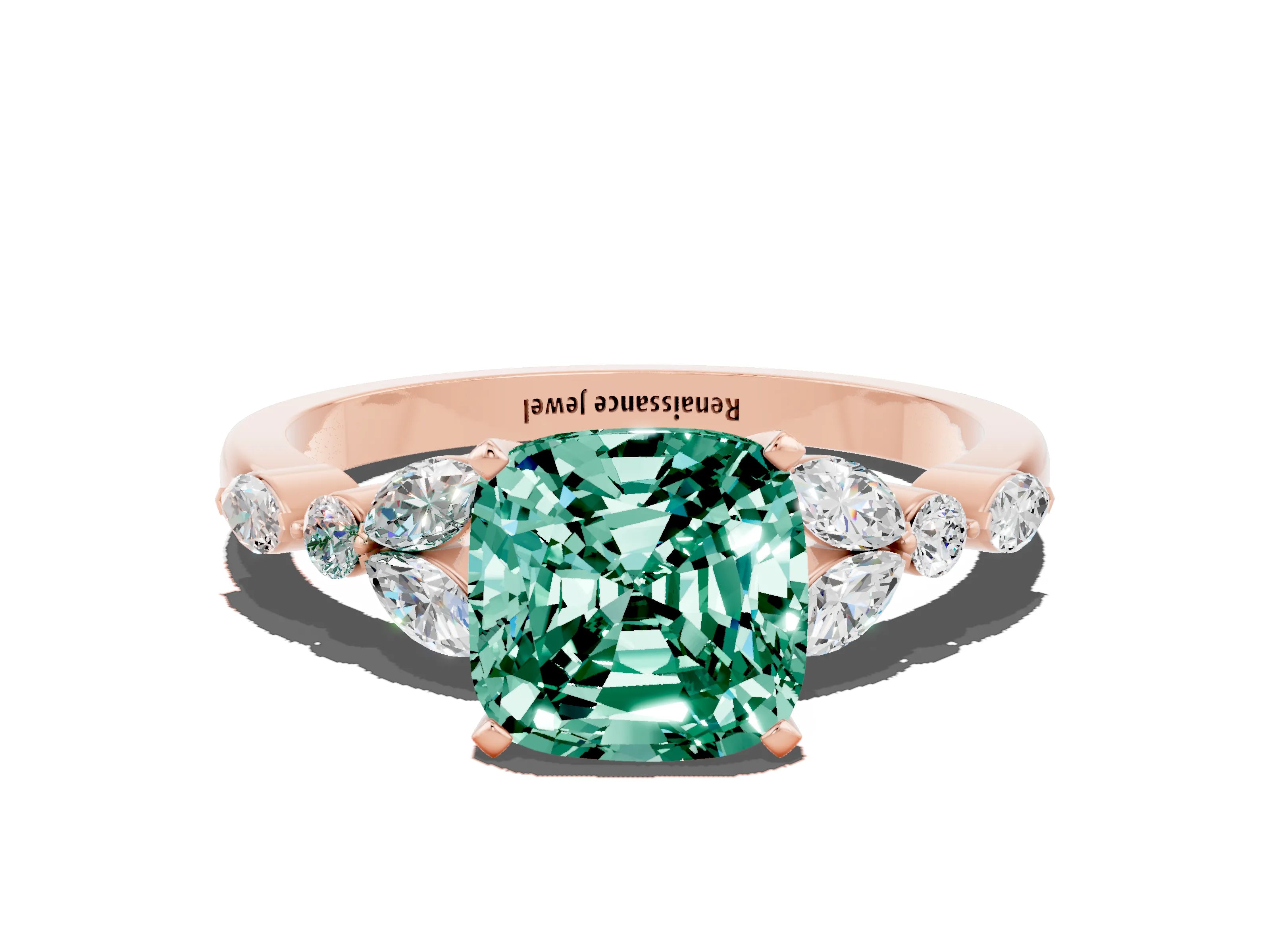 Rose gold Cushion Cut Green Sapphire Solitaire Ring with Side Stones and Four-Prong Setting_12