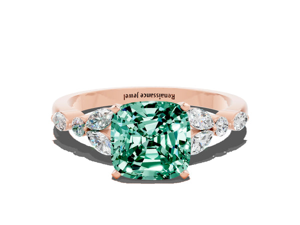 Rose gold Cushion Cut Green Sapphire Solitaire Ring with Side Stones and Four-Prong Setting