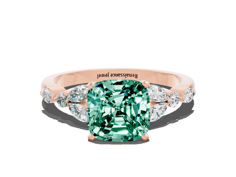 Rose gold Cushion Cut Green Sapphire Solitaire Ring with Side Stones and Four-Prong Setting_12