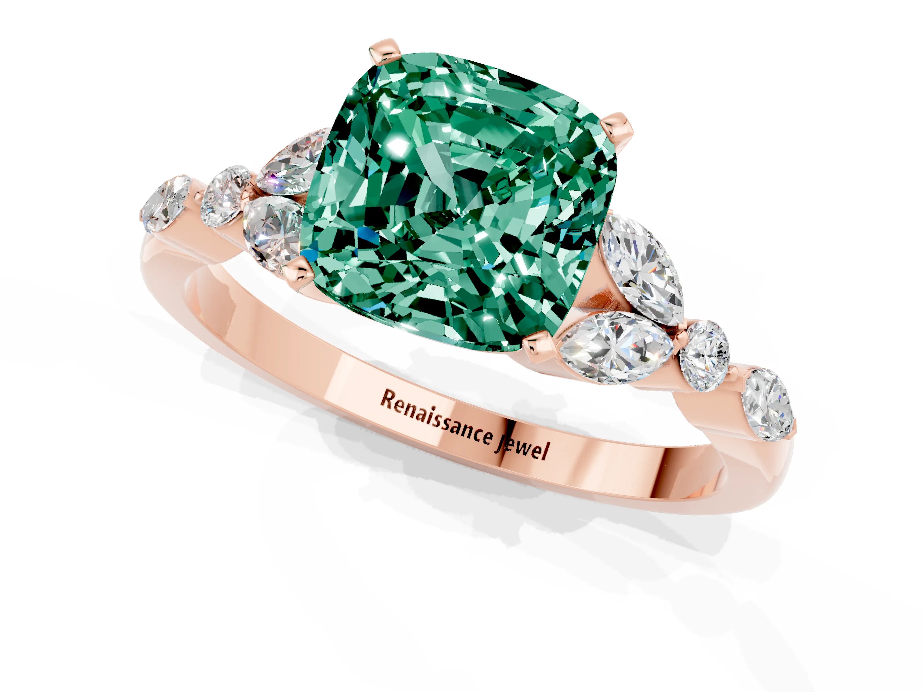 Rose gold Cushion Cut Green Sapphire Solitaire Ring with Side Stones and Four-Prong Setting_13