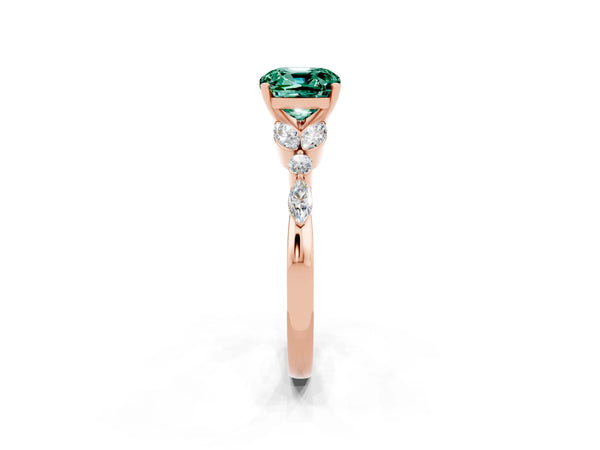 Rose gold Cushion Cut Green Sapphire Solitaire Ring with Side Stones and Four-Prong Setting