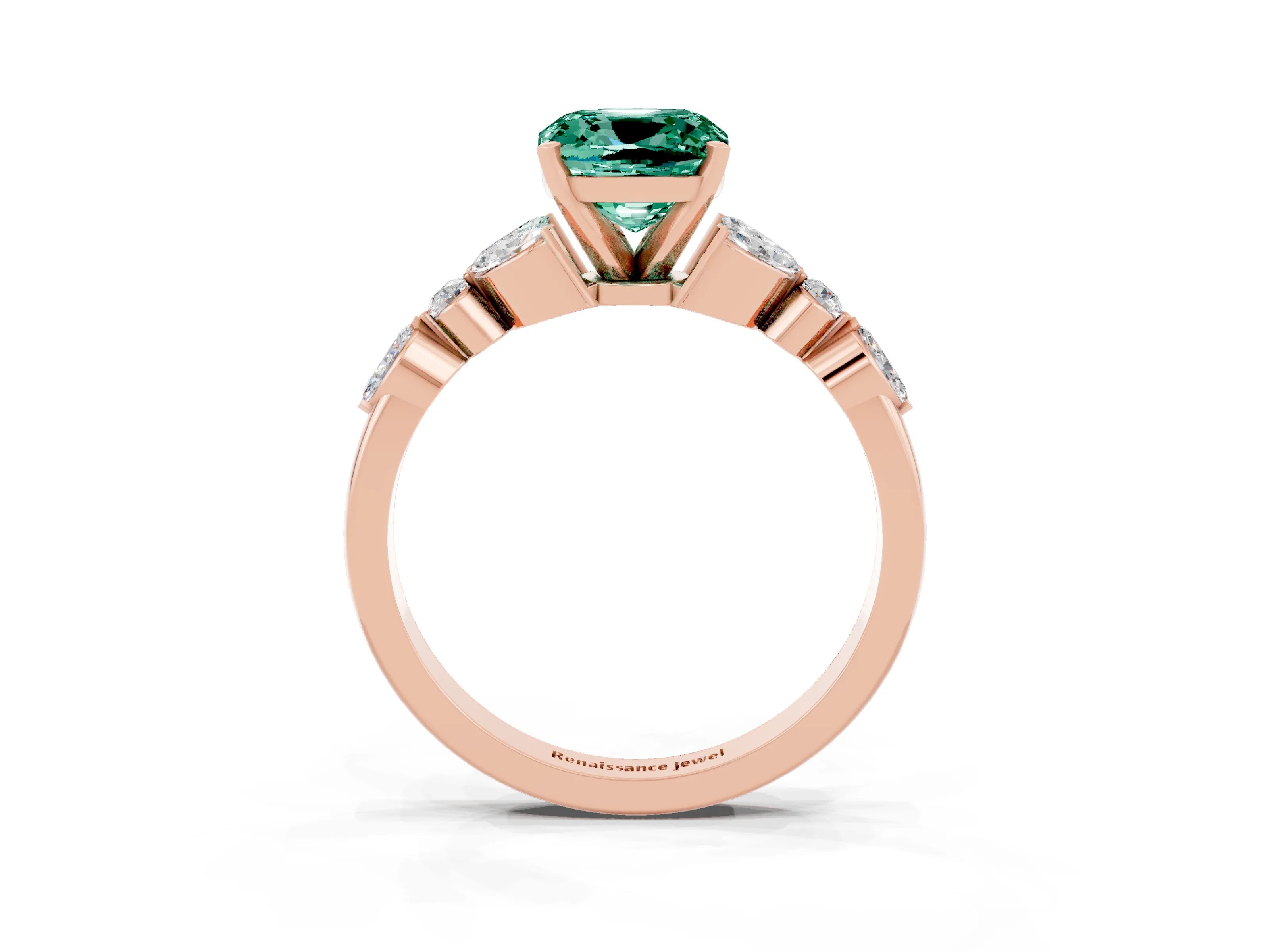 Rose gold Cushion Cut Green Sapphire Solitaire Ring with Side Stones and Four-Prong Setting_15