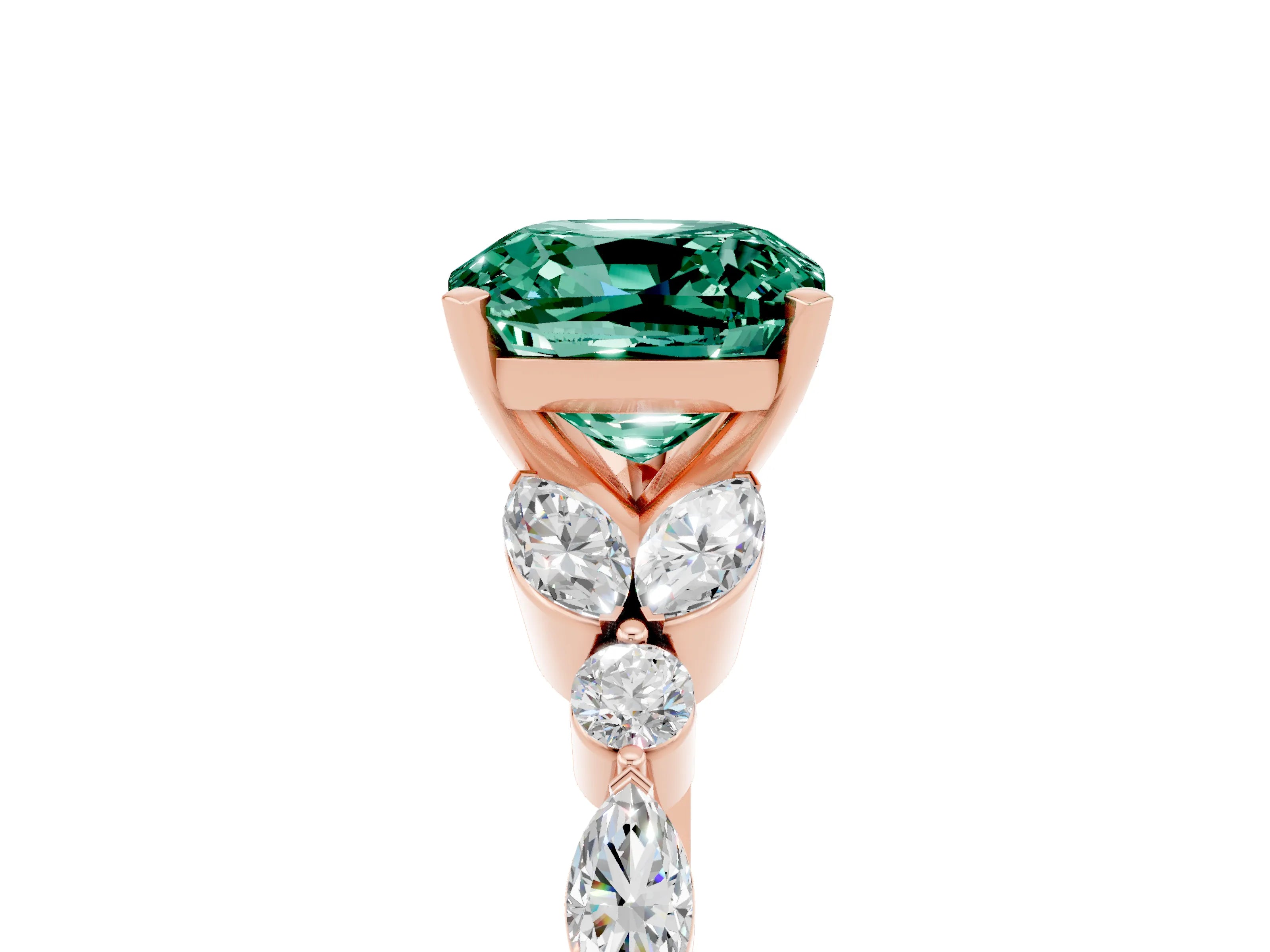 Rose gold Cushion Cut Green Sapphire Solitaire Ring with Side Stones and Four-Prong Setting_17