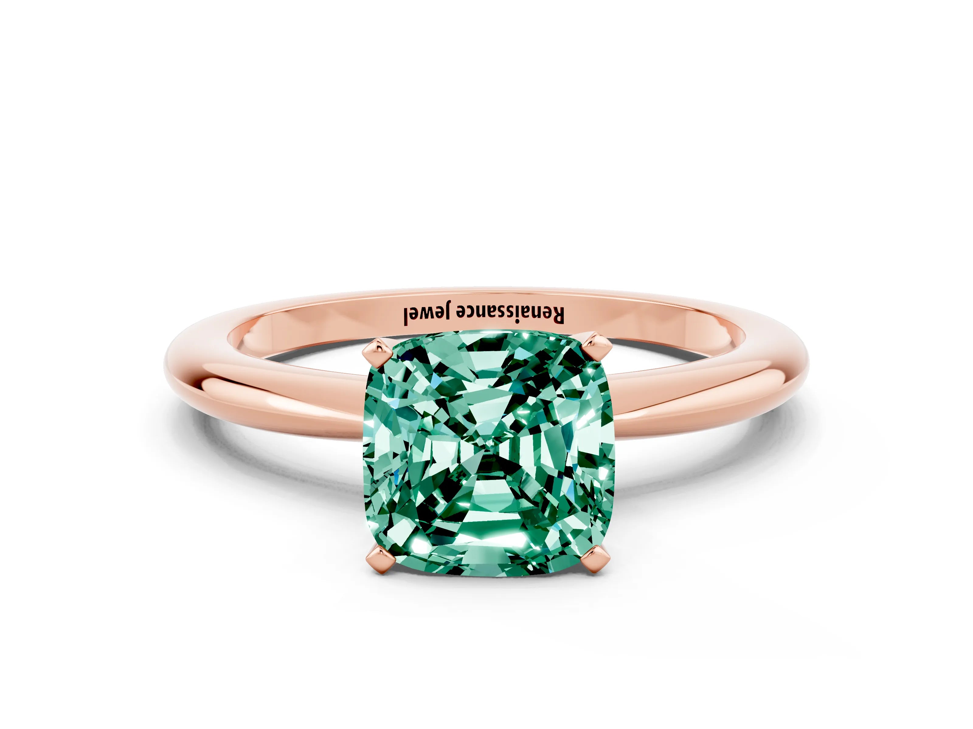 Rose gold Cushion Cut Green Sapphire Solitaire Ring with Six-Prong Setting and Classic Band