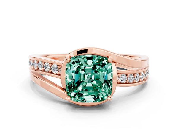 Rose gold Cushion Cut Green Sapphire Solitaire Ring with Split Shank and Prong Setting