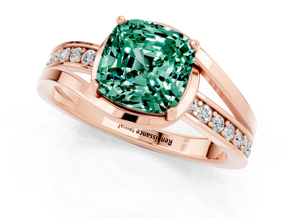 Rose gold Cushion Cut Green Sapphire Solitaire Ring with Split Shank and Prong Setting
