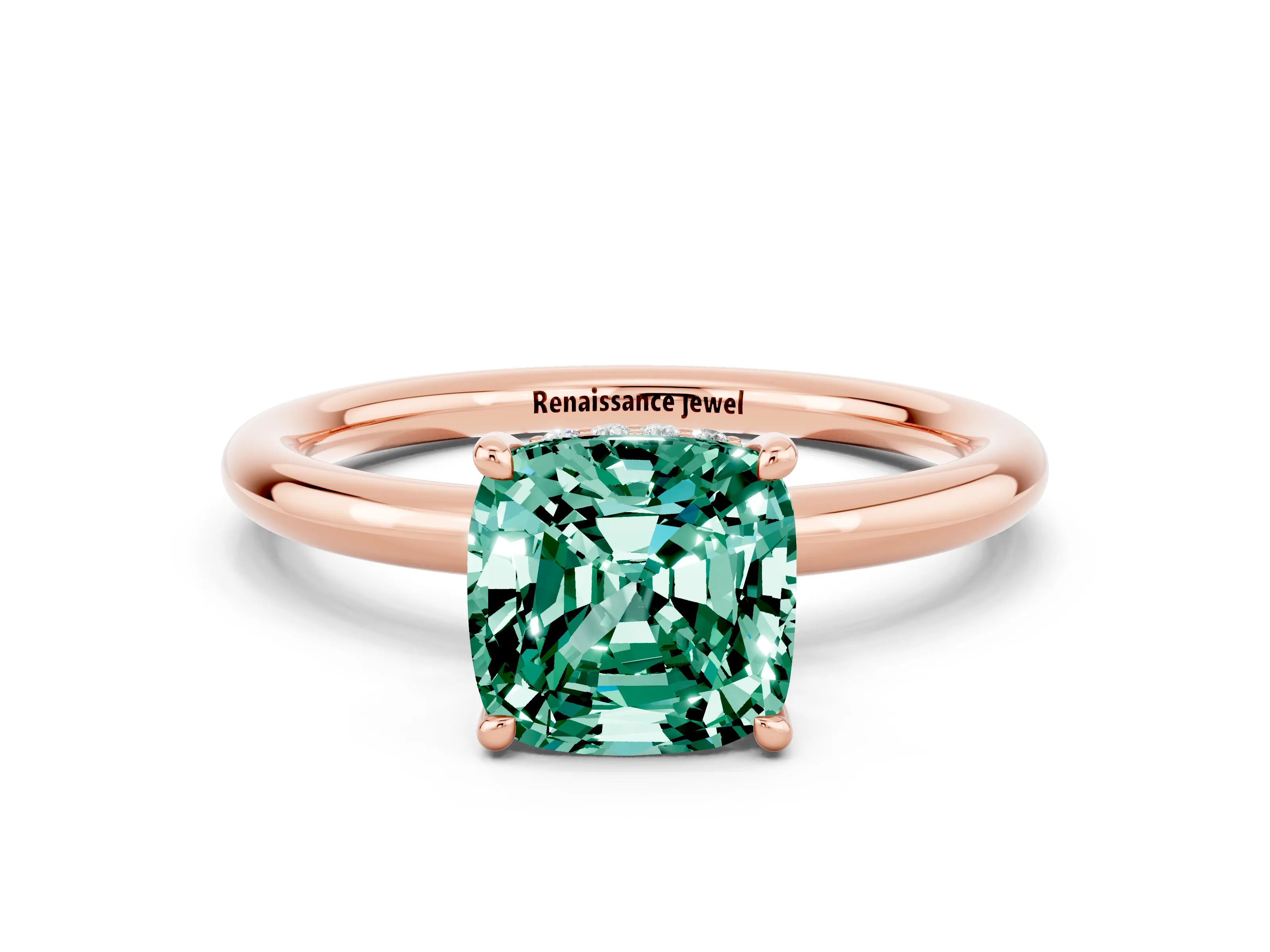 Rose gold Cushion Cut Green Sapphire Solitaire Ring with Thin Band and Four-Prong Setting