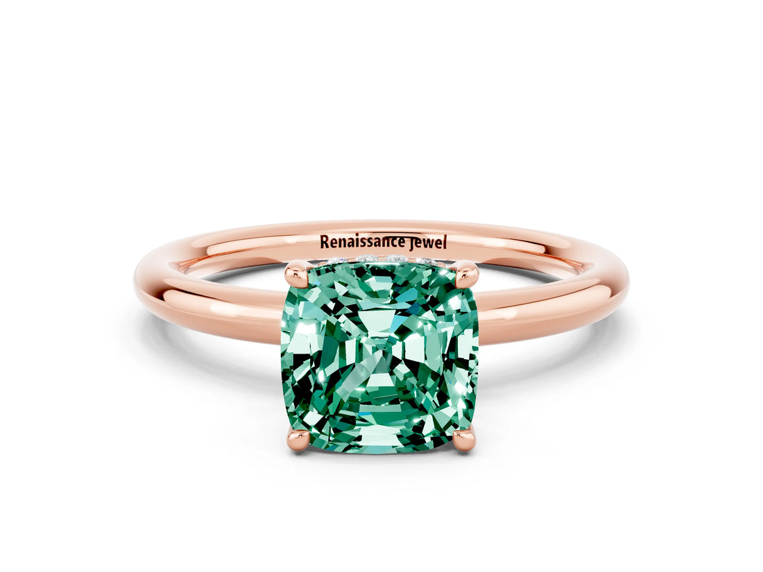 Rose gold Cushion Cut Green Sapphire Solitaire Ring with Thin Band and Four-Prong Setting