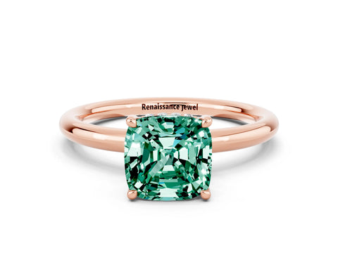 Rose gold Cushion Cut Green Sapphire Solitaire Ring with Thin Band and Four-Prong Setting