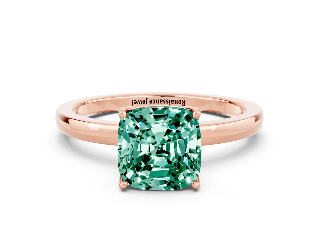 Rose gold Cushion Cut Green Sapphire Solitaire Ring with Thin Band and Prong Setting_12