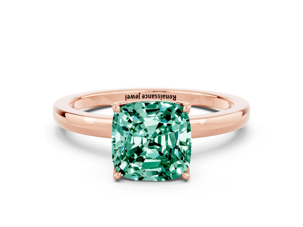 Rose gold Cushion Cut Green Sapphire Solitaire Ring with Thin Band and Prong Setting