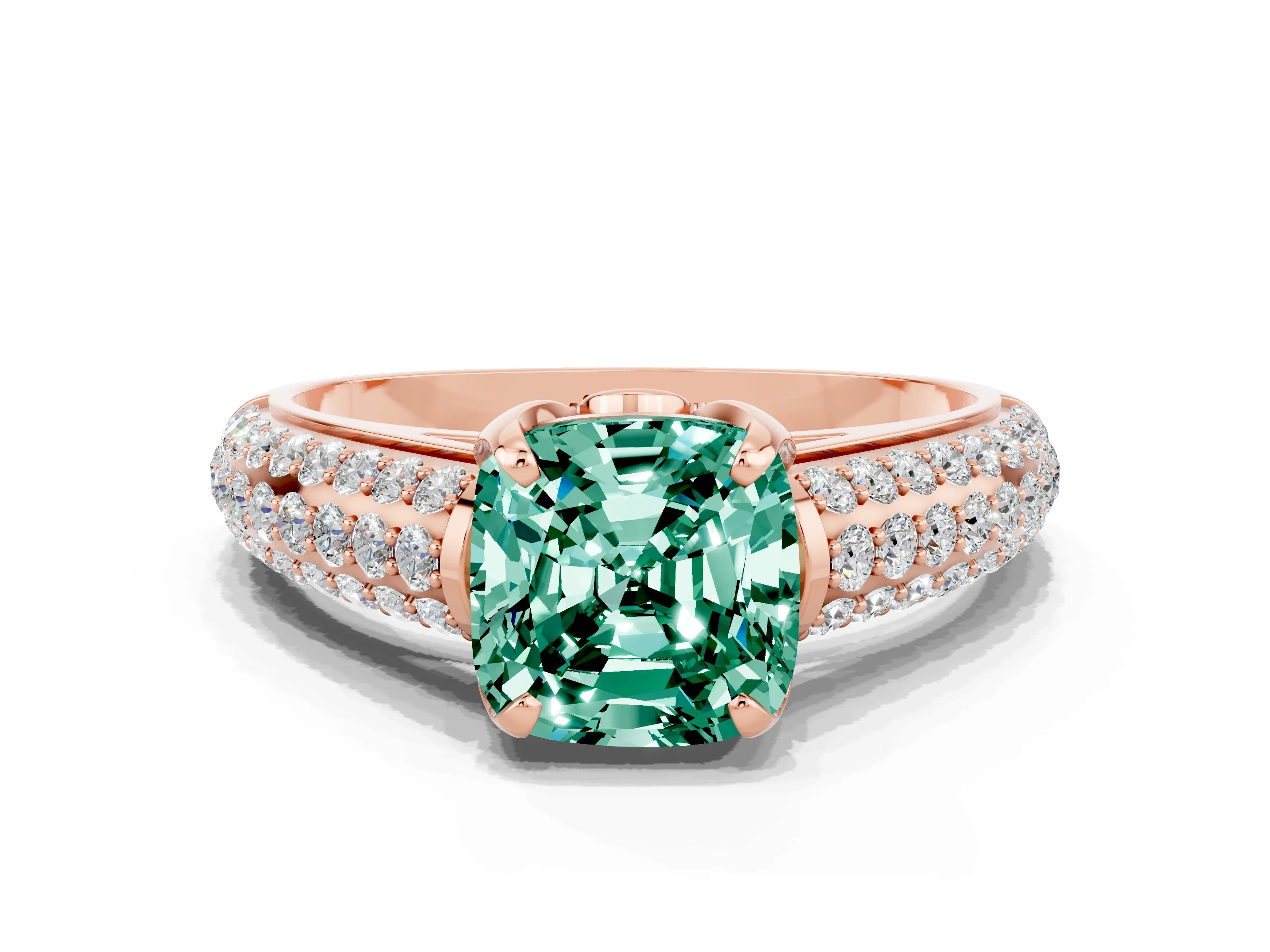 Rose gold Cushion Cut Green Sapphire Solitaire Ring with Three-Row Pavé Band and Four-Prong Setting_12