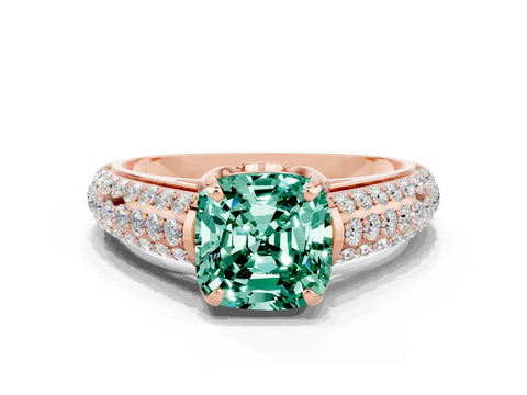 Rose gold Cushion Cut Green Sapphire Solitaire Ring with Three-Row Pavé Band and Four-Prong Setting_12