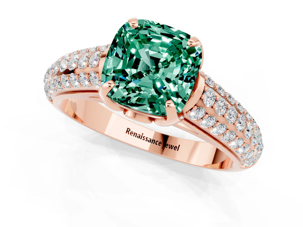 Rose gold Cushion Cut Green Sapphire Solitaire Ring with Three-Row Pavé Band and Four-Prong Setting