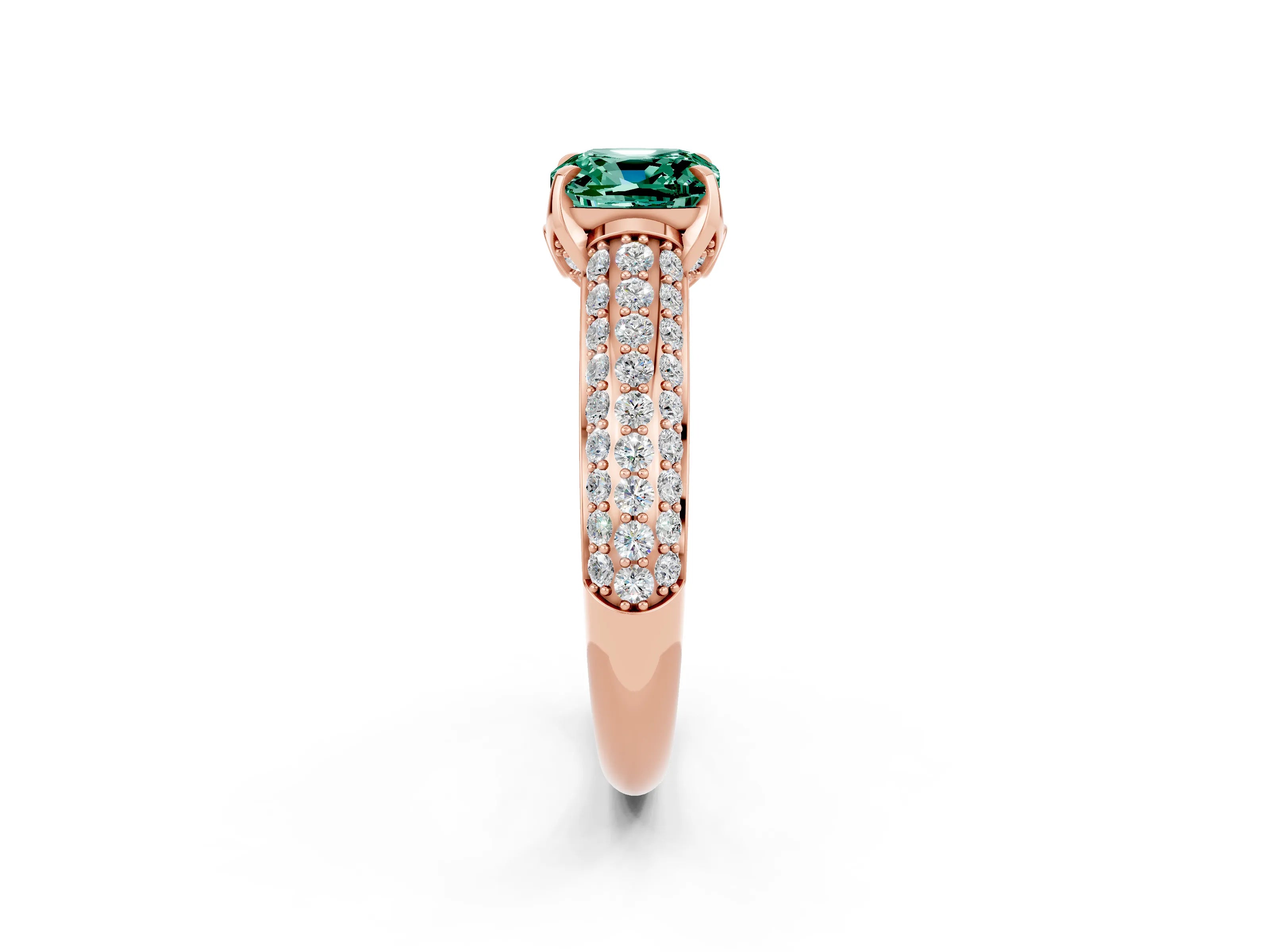 Rose gold Cushion Cut Green Sapphire Solitaire Ring with Three-Row Pavé Band and Four-Prong Setting_14
