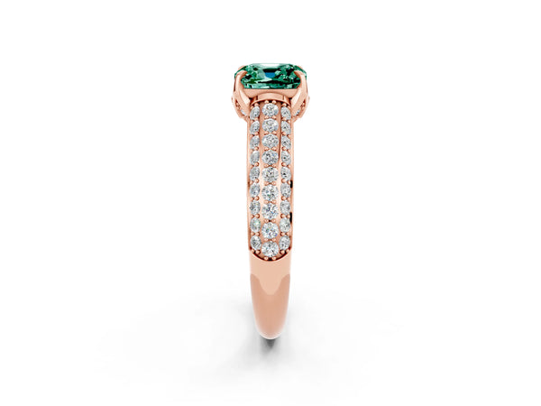 Rose gold Cushion Cut Green Sapphire Solitaire Ring with Three-Row Pavé Band and Four-Prong Setting