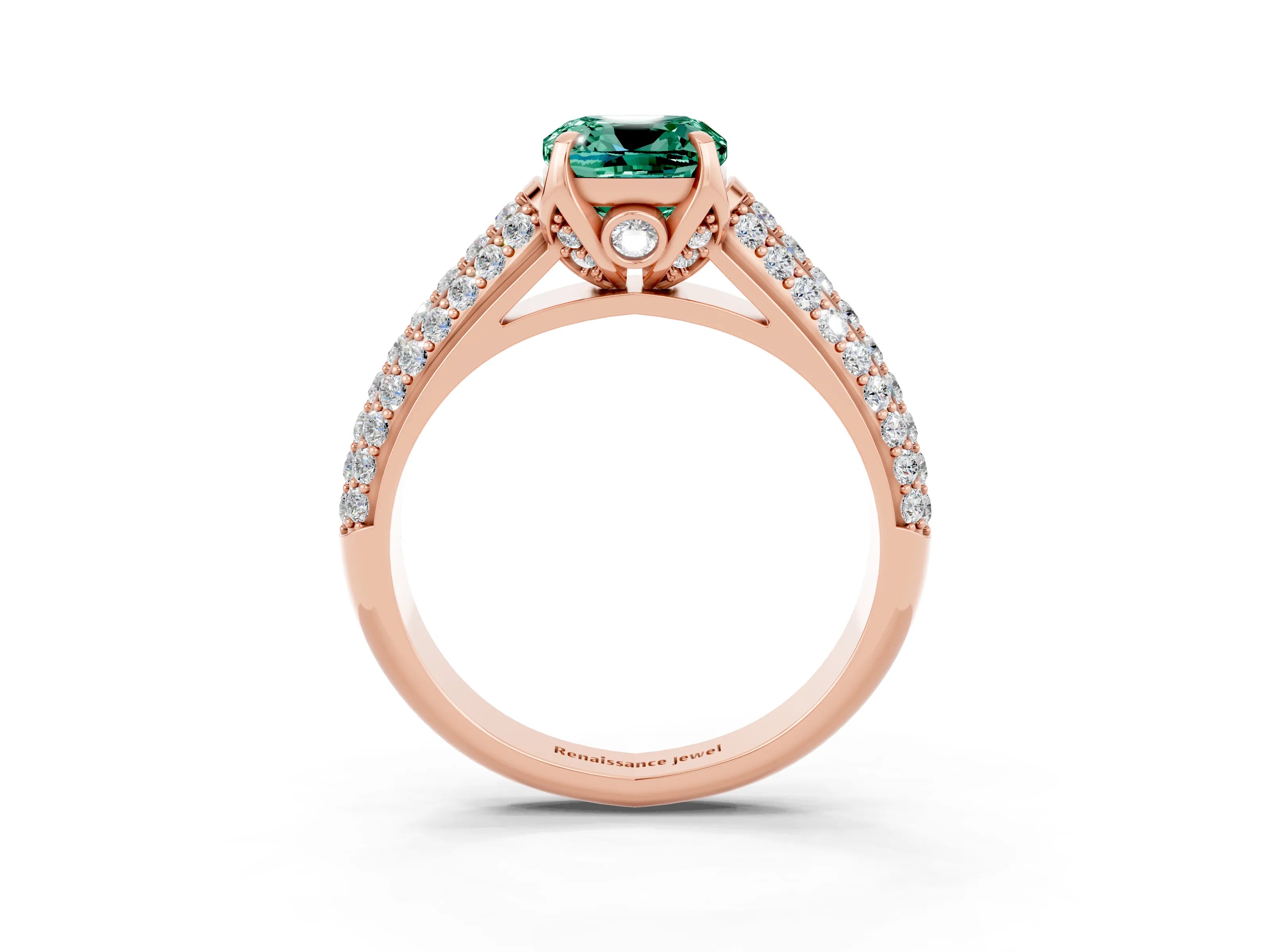 Rose gold Cushion Cut Green Sapphire Solitaire Ring with Three-Row Pavé Band and Four-Prong Setting_15