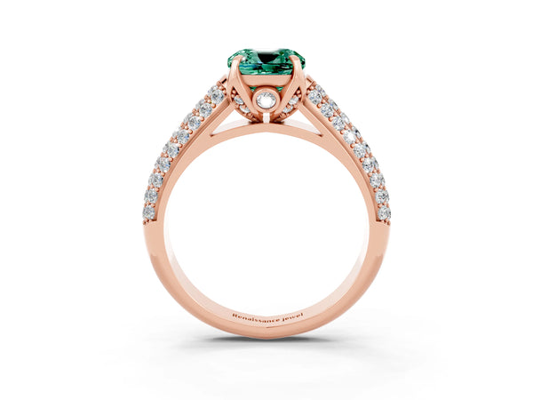 Rose gold Cushion Cut Green Sapphire Solitaire Ring with Three-Row Pavé Band and Four-Prong Setting