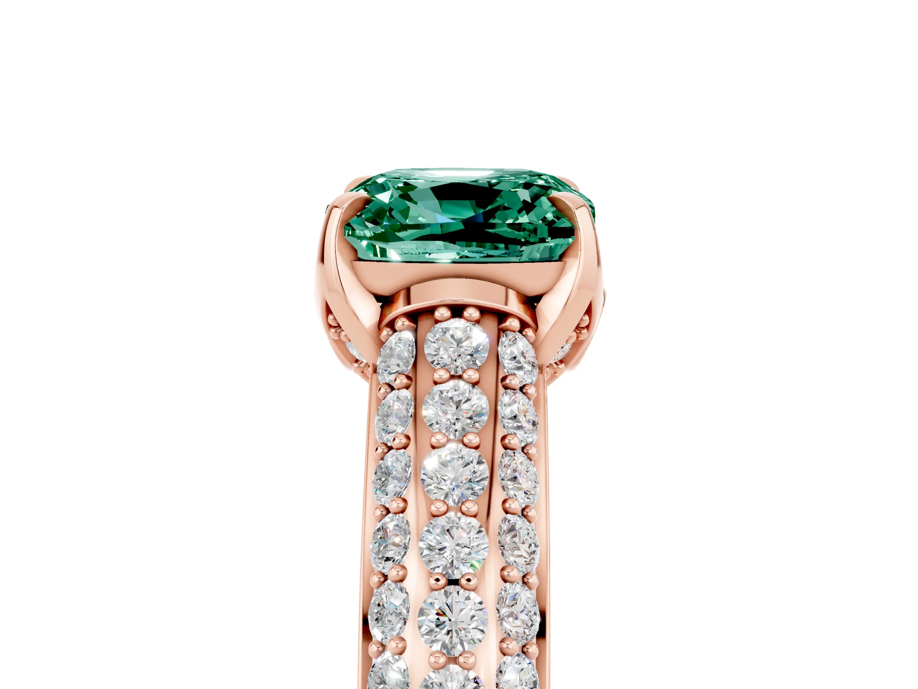 Rose gold Cushion Cut Green Sapphire Solitaire Ring with Three-Row Pavé Band and Four-Prong Setting_17